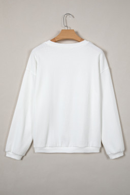 White 3d Ribbed XOXO Heart Embroidered Drop Shoulder Sweatshirt