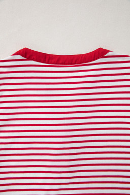 Red Stripe Half Placket V Neck Contrast 3/4 Sleeve Patchwork Top