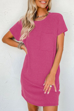 Bright Pink Striped Ribbed Knit T-shirt Shift Dress