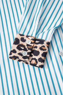 Sky Blue Stripe Contrast Leopard Patchwork Long Shirt Dress with Slits