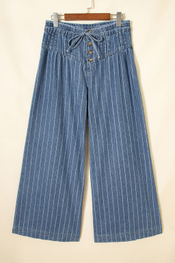Sky Blue Stripe Button Pleated Drawstring Waist Casual Wide Leg Jeans