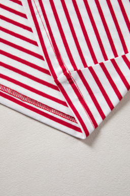 Red Stripe Half Placket V Neck Contrast 3/4 Sleeve Patchwork Top