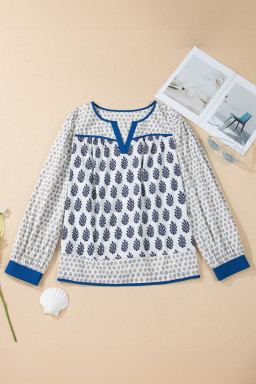 White Plus Size Boho Floral Print Contrast Trim Split Neck Puff Sleeve Patchwork Blouse