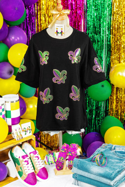 Black Sequin Mardi Gras Fleur De Lis Oversized T Shirt