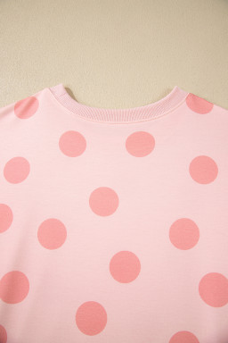 Pink Polka Dot Print Drop Shoulder Pullover Drawstring Shorts Set