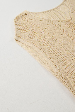 Apricot Solid Color V Neck Hollowed Knit Tunic Beach Coverup
