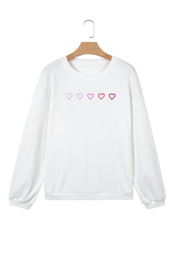 White 3d Ribbed XOXO Heart Embroidered Drop Shoulder Sweatshirt