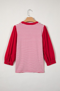 Red Stripe Half Placket V Neck Contrast 3/4 Sleeve Patchwork Top