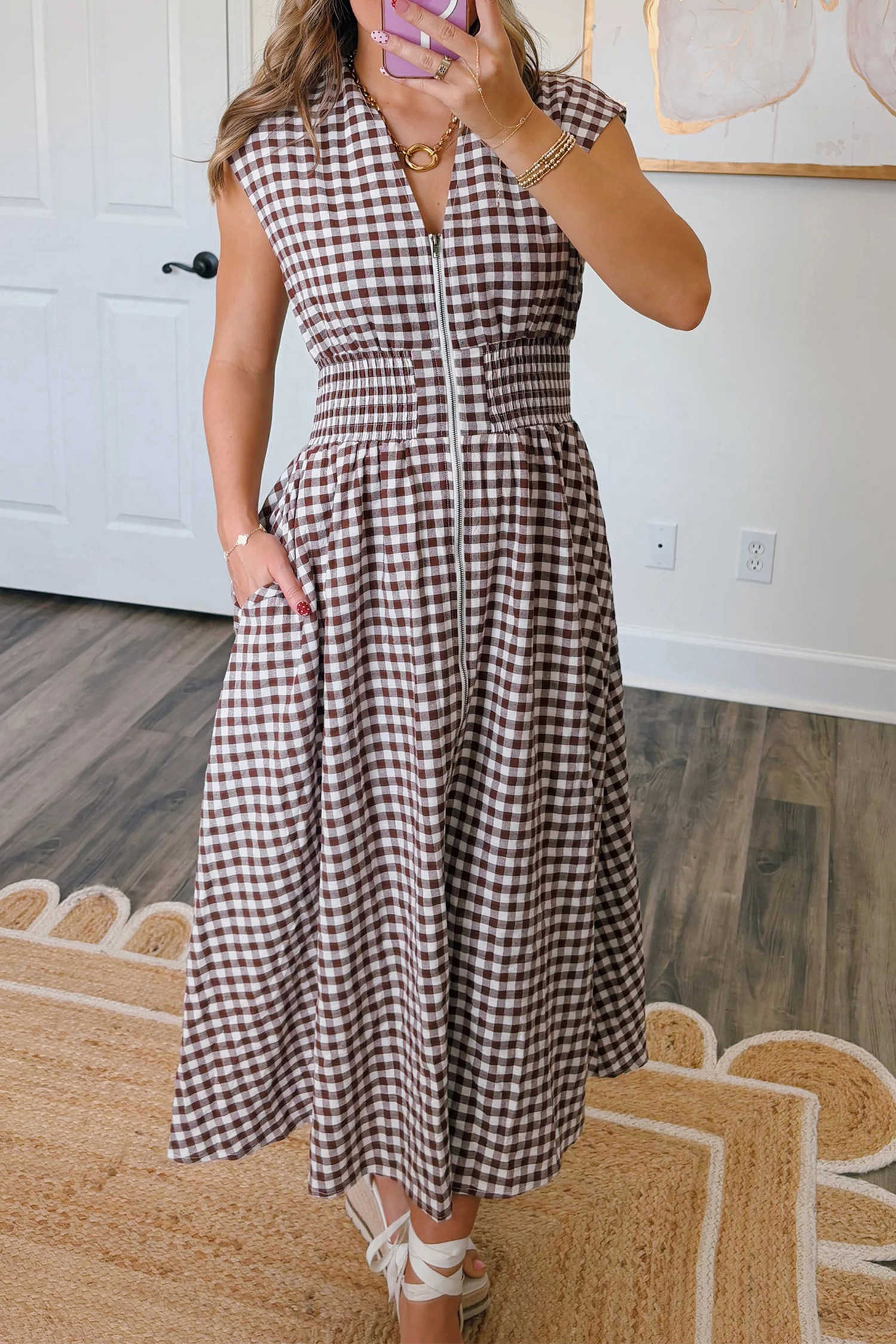 Coffee Plaid Print Full Zipper Cinched Waist Fit Flare Sleeveless Maxi Dress