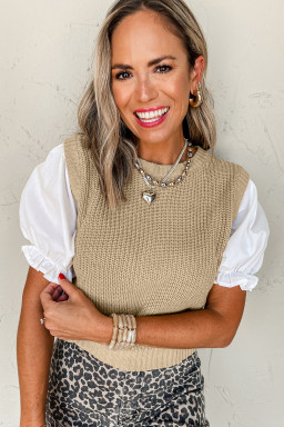 Light French Beige Round Neck Knit Contrast Short Sleeve Patchwork Sweater Top