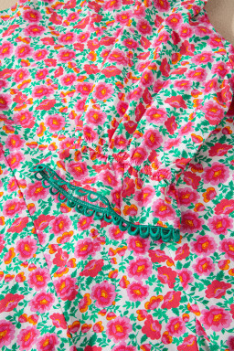 Pink Floral Print V Neck Patchwork Short Bubble Sleeve Mini Dress