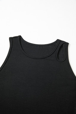 Black Solid Color Ribbed Keyhole Detail Casual Tank Top