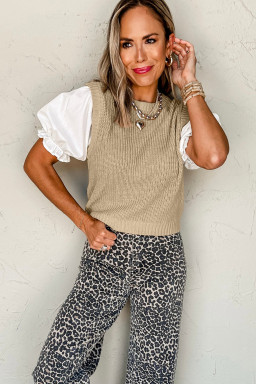 Light French Beige Round Neck Knit Contrast Short Sleeve Patchwork Sweater Top