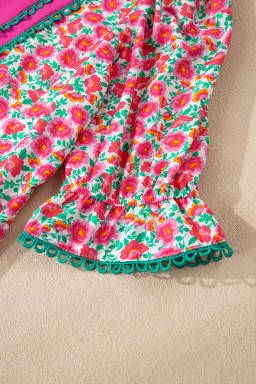 Pink Floral Print V Neck Patchwork Short Bubble Sleeve Mini Dress