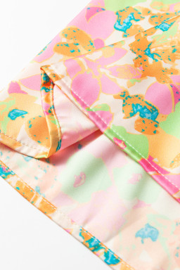 Orange Split V Neck Short Sleeve Flower Blouse