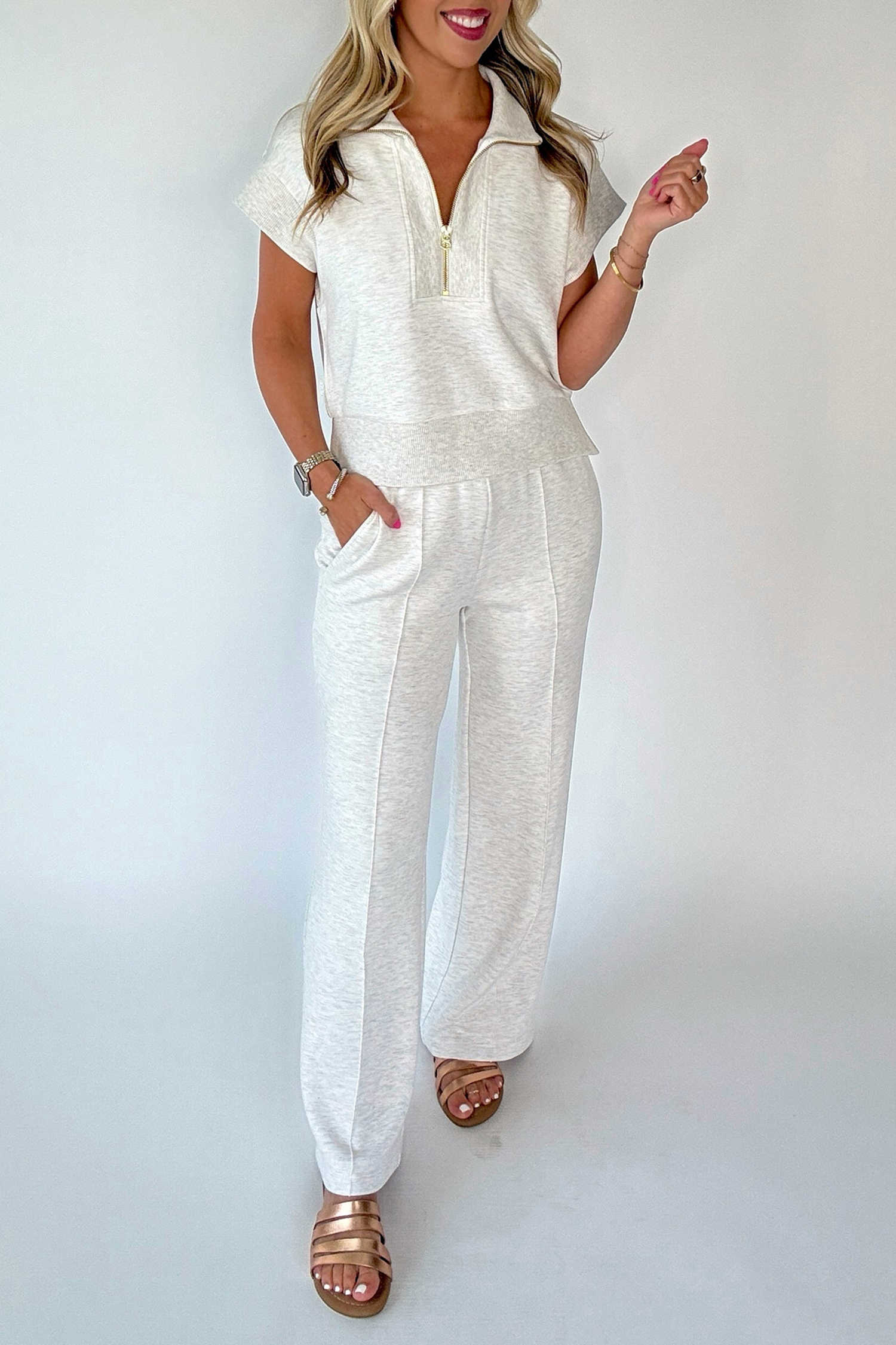 Light Grey Half Zip Polo Tee Casual Pant Set