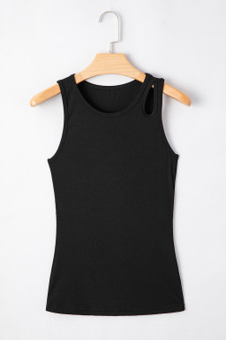 Black Solid Color Ribbed Keyhole Detail Casual Tank Top