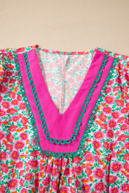 Pink Floral Print V Neck Patchwork Short Bubble Sleeve Mini Dress