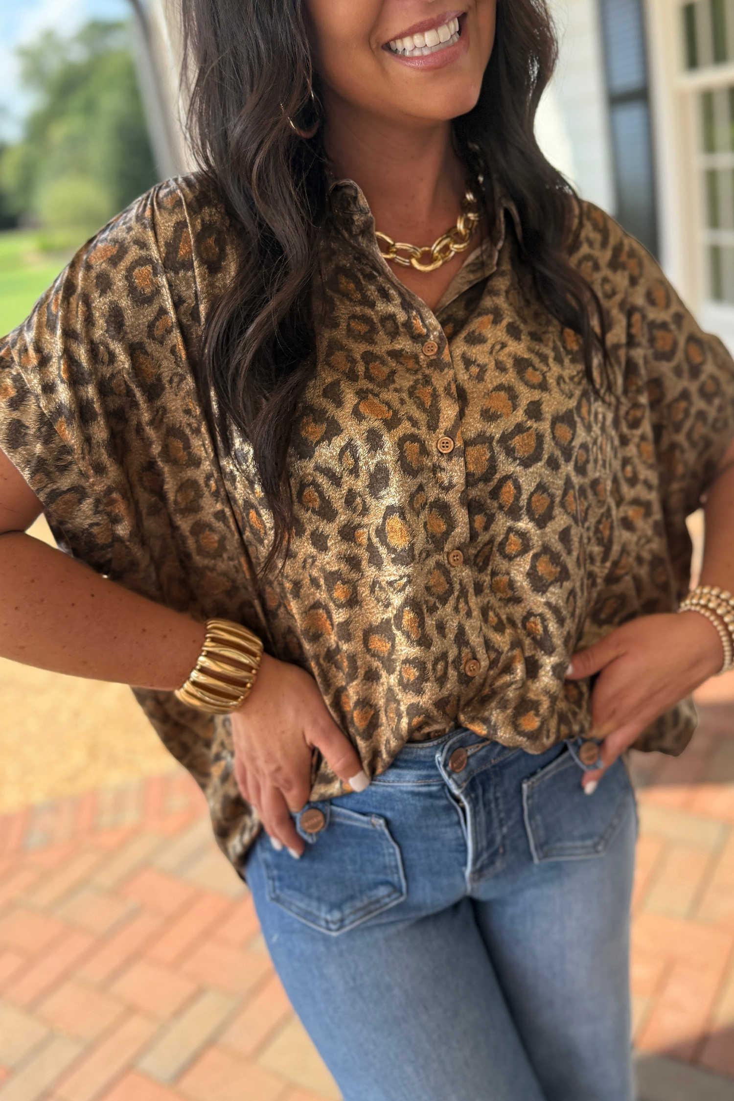 Gold Metallic Leopard Short Sleeve Casual Shirt