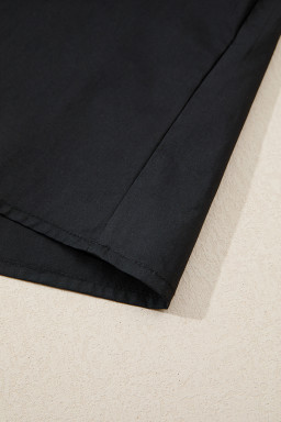 Black Short Puff Sleeve Contrast Embroidered Detail V Neck Blouse