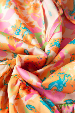 Orange Split V Neck Short Sleeve Flower Blouse