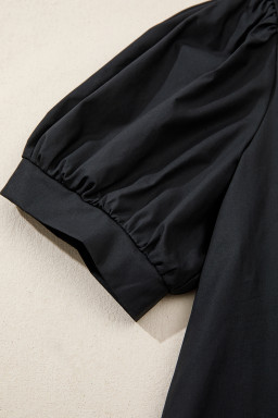 Black Short Puff Sleeve Contrast Embroidered Detail V Neck Blouse