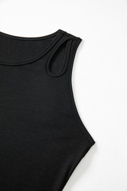 Black Solid Color Ribbed Keyhole Detail Casual Tank Top