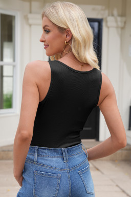 Black Solid Color Ribbed Keyhole Detail Casual Tank Top