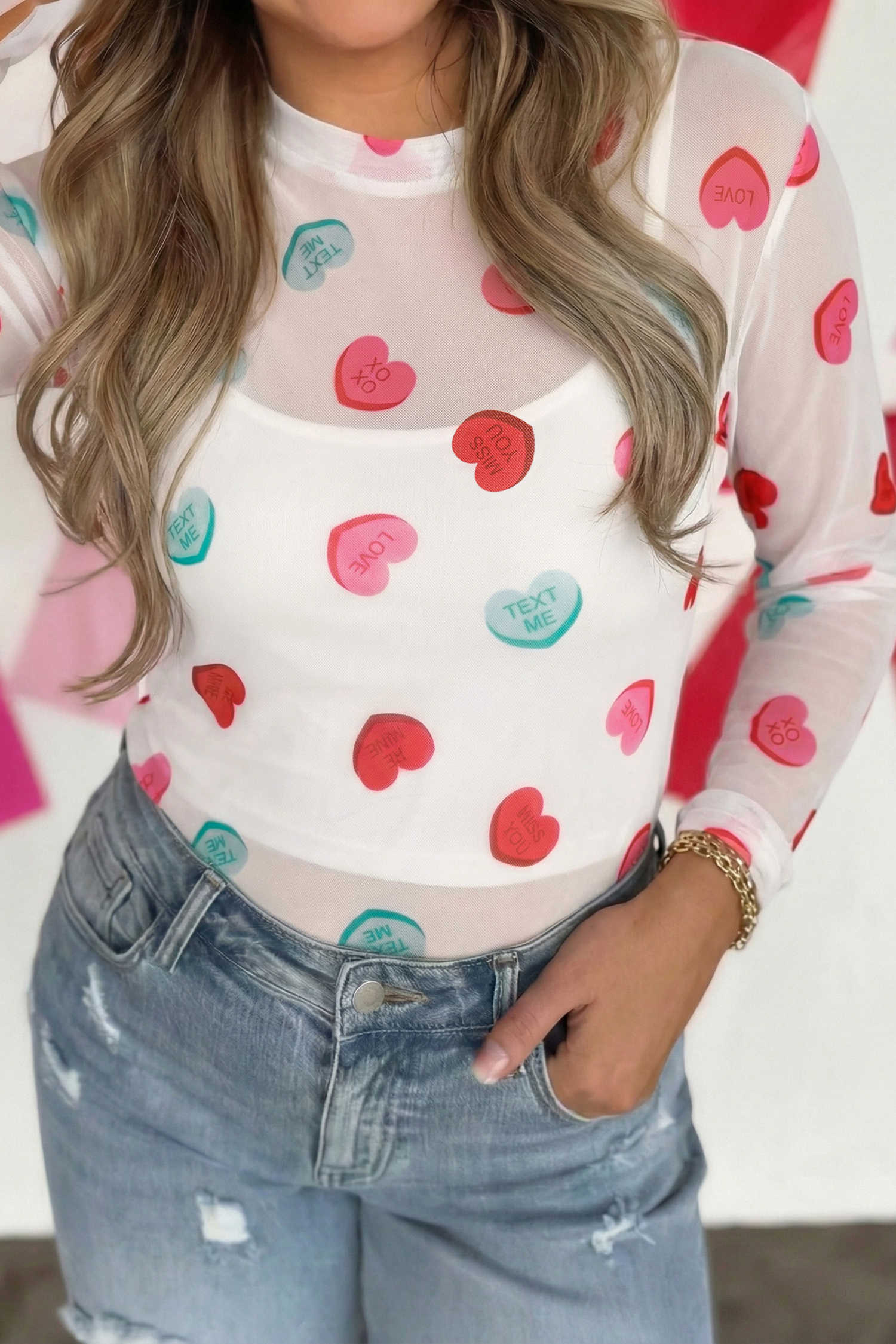 White Sheer Mesh Valentines Slogan Heart Printed Long Sleeve Top