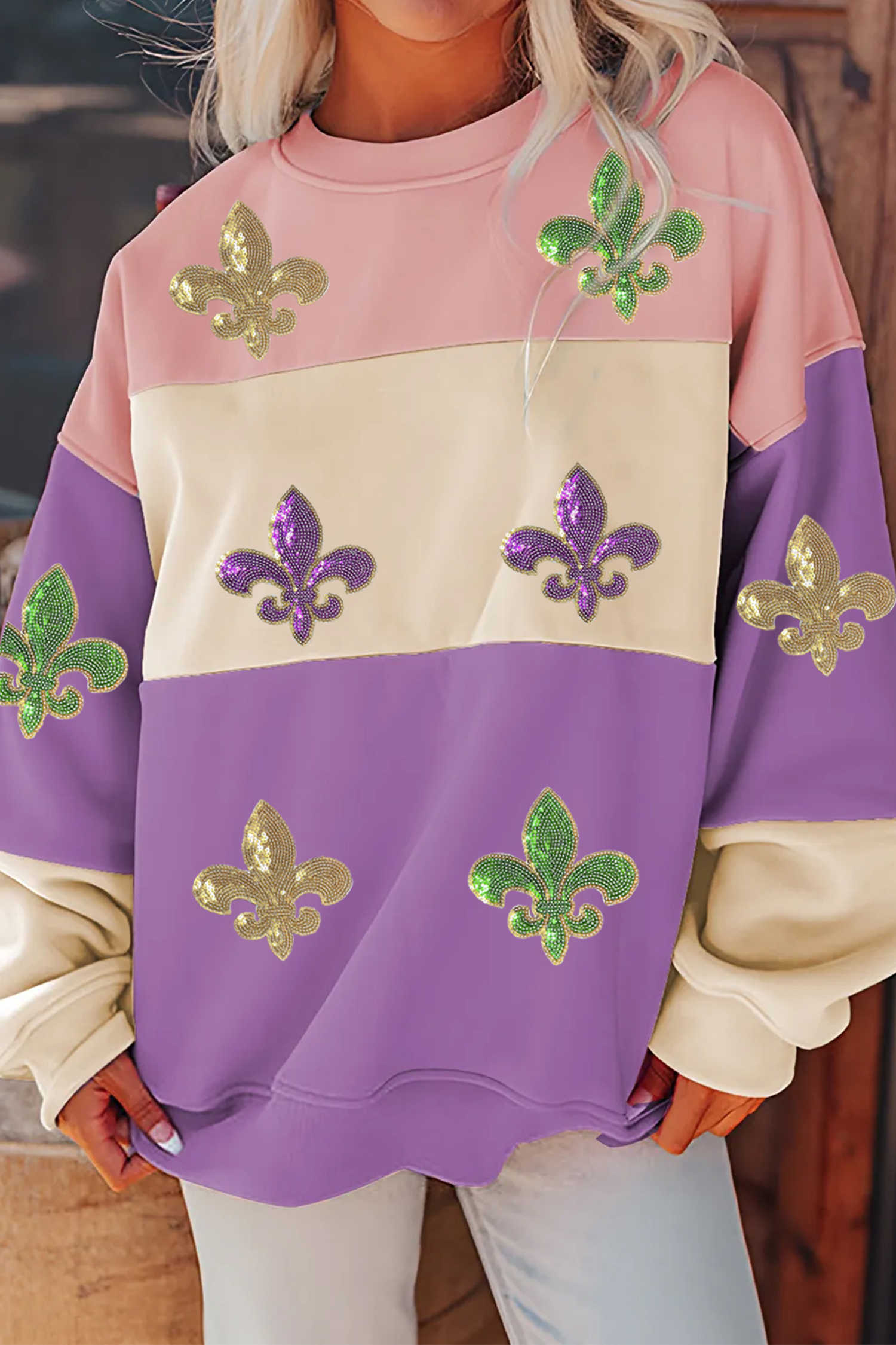 Meadow Mauve Colorblock Sequined Fleur De Lis Sweatshirt