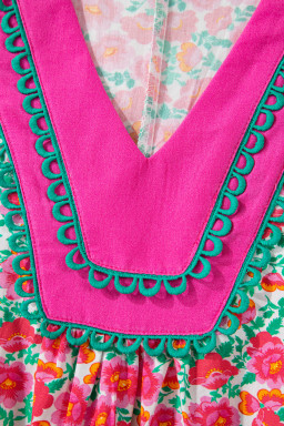 Pink Floral Print V Neck Patchwork Short Bubble Sleeve Mini Dress