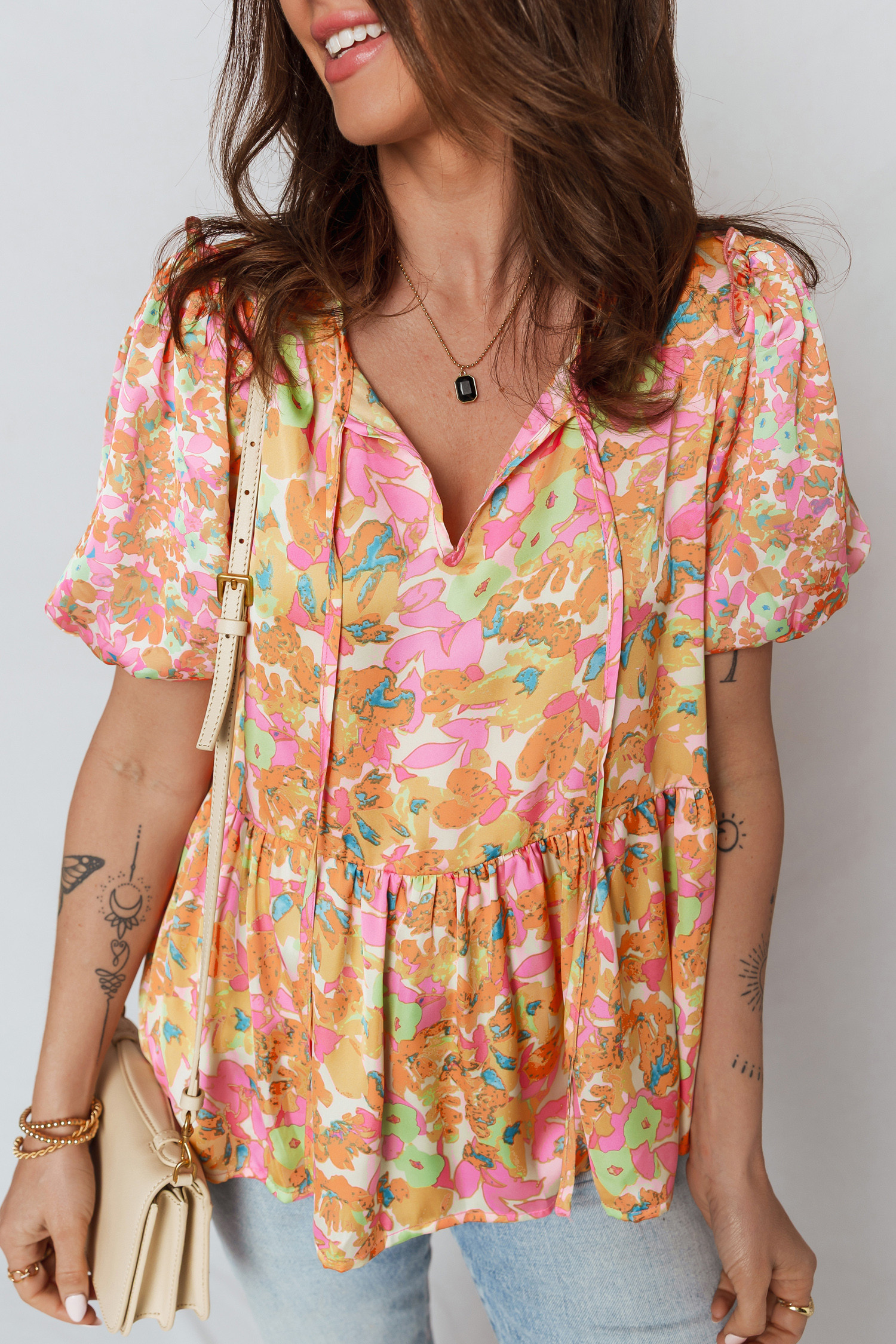 Orange Split V Neck Short Sleeve Flower Blouse