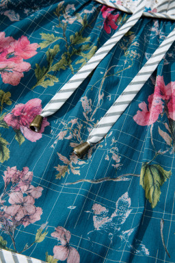 Sky Blue Floral Print Contrast Yoke Patchwork Striped Trim Long Puff Sleeve Blouse