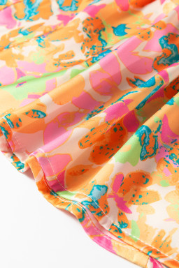 Orange Split V Neck Short Sleeve Flower Blouse