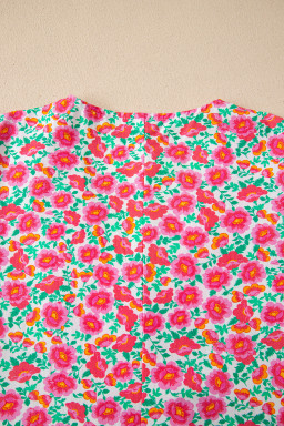 Pink Floral Print V Neck Patchwork Short Bubble Sleeve Mini Dress