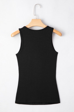 Black Solid Color Ribbed Keyhole Detail Casual Tank Top