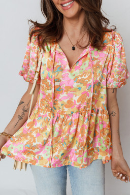 Orange Split V Neck Short Sleeve Flower Blouse