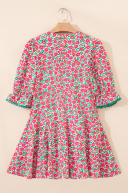 Pink Floral Print V Neck Patchwork Short Bubble Sleeve Mini Dress