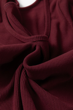 Coffee Ribbed Solid Color U Neck Cropped Long Sleeve Top