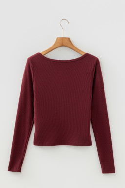 Coffee Ribbed Solid Color U Neck Cropped Long Sleeve Top