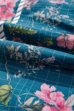 Sky Blue Floral Print Contrast Yoke Patchwork Striped Trim Long Puff Sleeve Blouse