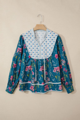 Sky Blue Floral Print Contrast Yoke Patchwork Striped Trim Long Puff Sleeve Blouse
