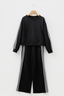 Black Varsity Striped Detail Cropped Pullover Wide Leg Pants 2pcs Outfit