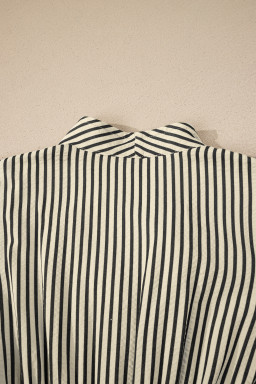 Black Striped V Neck Zip Front Cinched High Waist Midi Dress