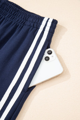 Dirty Blue Varsity Striped Detail Cropped Pullover Wide Leg Pants 2pcs Outfit