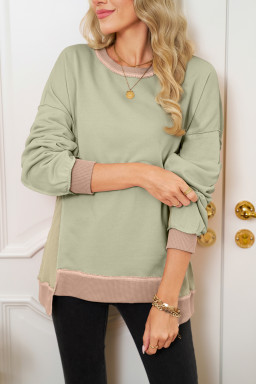 Smoke Green Colorblock Waffle Patchwork Oversize Sweatshirt