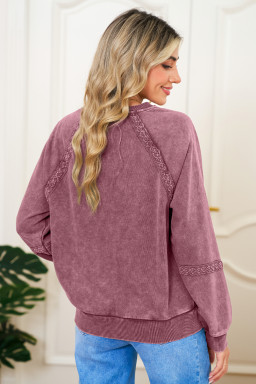 Red Dahlia Lace Applique Notched Neck Mineral Wash Baggy Sweatshirt