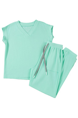 Mint Green Solid Color V Neck Tee Drawstring Pant Set