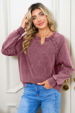 Red Dahlia Lace Applique Notched Neck Mineral Wash Baggy Sweatshirt