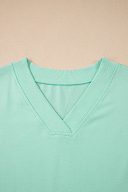 Mint Green Solid Color V Neck Tee Drawstring Pant Set